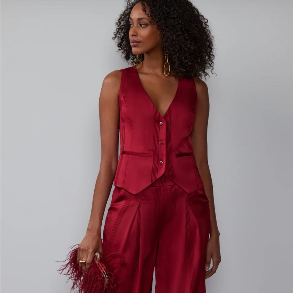 NWT New York & Company Red Satin Stripe Vest (Size 6)